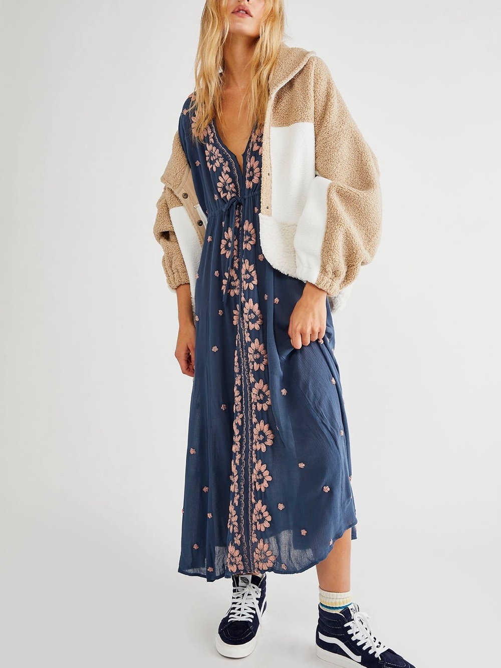 Free People Embroidered Fable MIDI Dress in Dusk Combo XS NWT